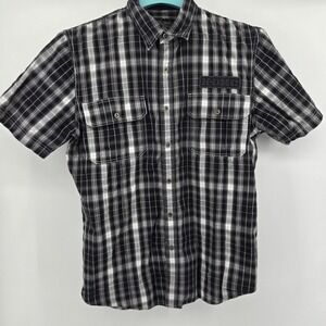 Harley Davidson Men's Button Down Dark Gray Plaid Snap Shirt Patches XL